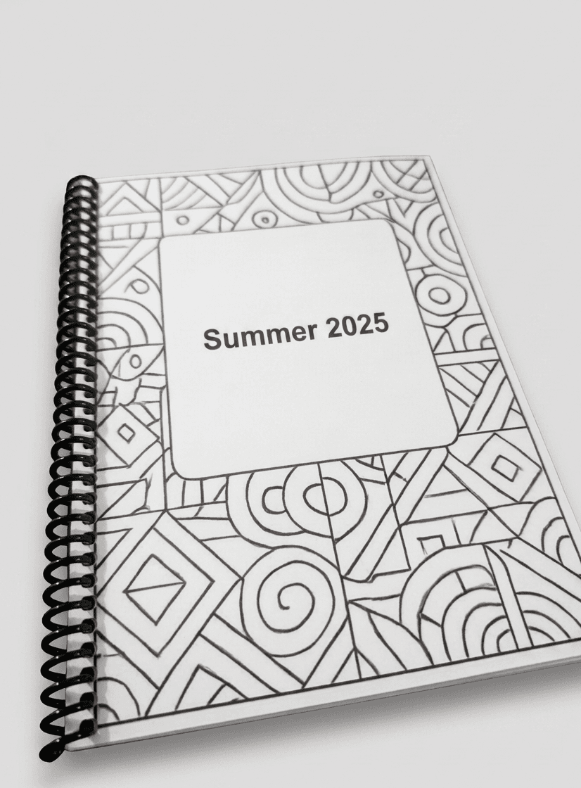 A printed spiral-bound coloring book titled Summer 2025